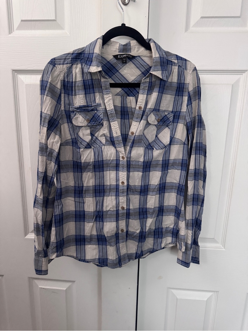 Women’s Express Blue White Plaid Metallic Thread Button Front Shirt Small